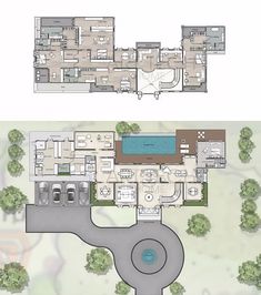 an aerial view of the floor plan for a house with swimming pool and outdoor furniture