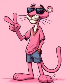 a pink cartoon cat with sunglasses on giving the peace sign while wearing shorts and a t - shirt