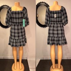 (1)Nwt Petite Dress Size Pm Chekered Casual Black Plaid Midi Dress, Black Plaid Mini Dress For Day Out, Black Mini Length Plaid Dress For Day Out, Casual Black Plaid Short Sleeve Dress, Casual Plaid Dress With Square Neck, Casual Fitted Black Plaid Dress, Petite Dress, Petite Dresses, Midi Dress