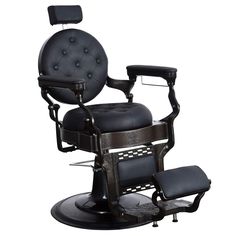 a black barber chair sitting on top of a table