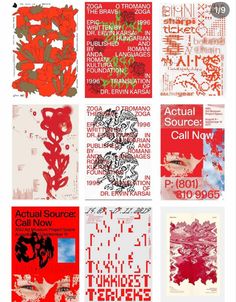 several different types of red and white art work