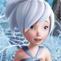 a cartoon character with white hair and blue dress in front of ice crystals, looking at the camera