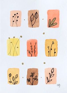 six different colored squares with plants drawn on them