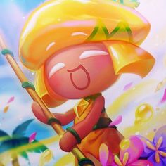 a painting of a person holding a stick and wearing an orange hat with flowers on it