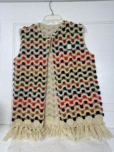 Vtg Unbranded M Knit Multicolor Virgin Wool Fringed Vest Hippie FlowerChild Boho | eBay Fringe Vest, Wool Knit, Knit Vest, Womens Vest, Sweater Outfits, Wool, Knitting, Clothes For Women, Trending Outfits