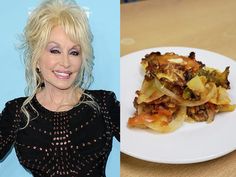 a woman is smiling next to a white plate with food on it and an image of her