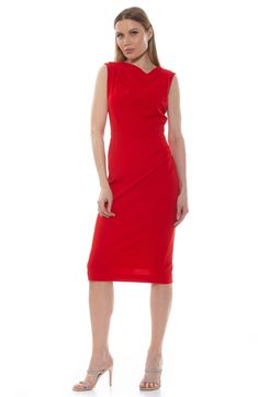 Structured pleats define the shoulders of this sheath midi finished with side ruching for a figure-hugging look. 44" length (size X-Small) Exposed back-zip closure Asymmetric neck Sleeveless Lined 95% polyester, 5% spandex Machine wash, tumble dry Imported Model stats: 5'10" height, 32" bust, 25" waist, 36" hip. Model is wearing size X-Small. Midi Sheath Dress, Sheath Dress, Nordstrom Rack, Nordstrom, Spandex, Red, How To Wear