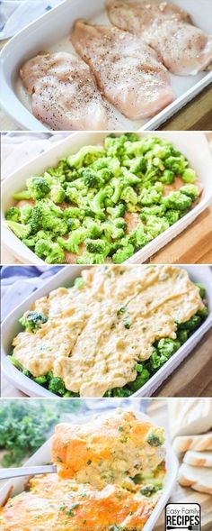 broccoli, chicken and cheese casserole are shown in this collage