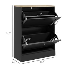 a black shelf with three shelves on each side and measurements for the bottom half of it