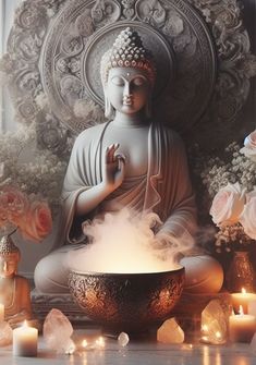 a buddha statue surrounded by candles and flowers