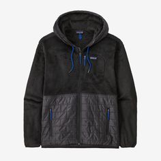 the patagon jacket in black with blue details on the hood and zippers