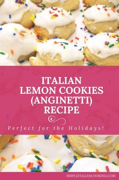 italian lemon cookies recipe with white frosting and sprinkles on pink background