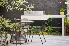 an outdoor table and chairs with plants in the background