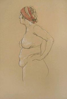 a drawing of a naked woman with a red headband