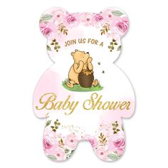 a baby shower sign with pink roses and a teddy bear holding a basket in it's paws