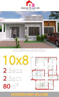 two story house plan with 3 bedroom and 2 bathrooms in the front, one car is parked