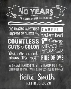 Thanks for looking at my Hairstylist Retirement Print! This listing is for an 8x10 high resolution digital JPG hairstylist retirement print. This is neat decoration for a retirement party or a gift for your favorite retiree. ------------------------------------ Please include the following in the notes to the seller section: * Retiree's Name: * Year's of Service: If you prefer Hairdresser over Hairstylist I'm happy to switch ------------------------------------- Note: This is a digital print onl Hair Dresser Retirement, Hairdresser Quotes, Gift Printable, Retirement Party, Hair Dresser, Retirement Gift, Retirement Parties, Retirement Gifts, I'm Happy