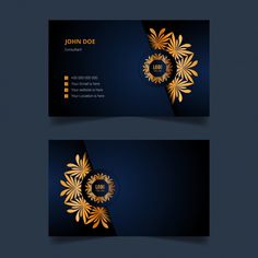 two business cards with gold flowers on dark blue background