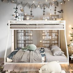 a white bunk bed sitting in a bedroom next to a christmas tree with lights on it