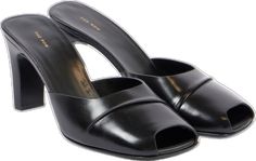 Leather Slip-on Slides With Padded Heel, Chic Leather Sandals For Business, Sleek Formal Open Toe Mules, Office Sandals With Leather Sole And Almond Toe, Elegant Black Slides For Evening, Classic Mules With Rubber Sole And Open Heel, Sleek Open Toe Mules For Formal Occasions, Sleek Open Toe Mules For Formal Events, Classic Open Heel Mules With Rubber Sole