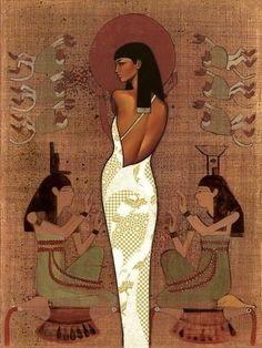 an egyptian woman in white dress standing next to two other women