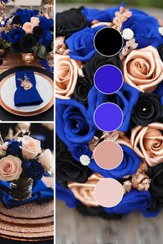 a collage of photos with blue and pink flowers on top of each other, along with the same color scheme