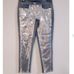 Venus Sequined Leg Jeans Super Sparkly The Sequins Are Silver New With No Tag. Venus Doesn’t Have Tags Comes With The Bag Metallic Sequined Bottoms For Spring, Stretch Silver Bottoms With Sequins, Silver Stretch Bottoms For Spring, Trendy Silver Pants For Spring, Trendy Stretch Silver Bottoms, Spring Silver Sequined Bottoms, Spring Party Metallic Jeans, The Bag, Jeans Color