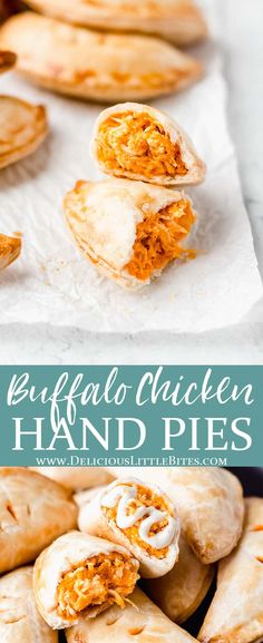 several pita breads stacked on top of each other with the words, buffalo chicken hand pies