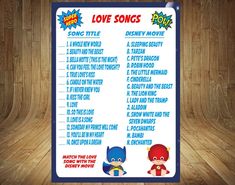 a poster with the words love songs written in blue and red, on a wooden background