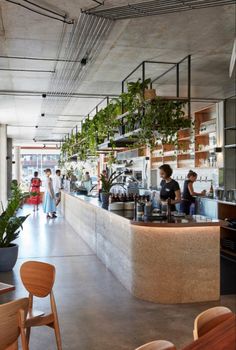 the interior of a restaurant with people standing at the counter and plants hanging from the ceiling