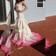 a woman in a white dress standing on a wooden floor next to a house and wearing a pink skirt