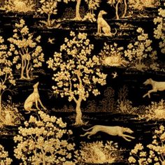 a black and gold wallpaper with animals in the woods