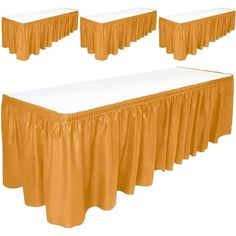 a set of four gold table skirts with white tablescloths on each side and an orange chair at the end