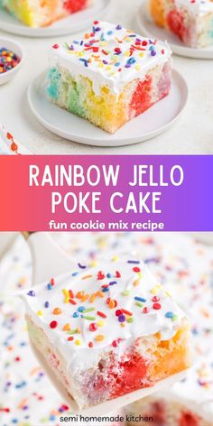 rainbow jello poke cake with white frosting and sprinkles