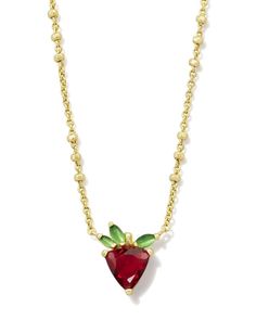 Strawberry Gold Short Pendant Necklace in Dark Pink Crystal | Kendra Scott Dainty Jewelry Necklace, Short Pendant Necklace, Fruit Necklace, Strawberry Charm, Engagement Rings Sale, Crystal Green, Bar Jewelry, Initial Jewelry, Rings Jewelry