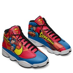 Superman J13 Sneakers Super Heroes Custom Shoes-Gear Wanta Red Sneakers With Rubber Sole For Sports, Red Sneakers With Rubber Sole For Sports Events, Jordan Leather Shoes With Rubber Sole And Round Toe, Leather Jordan Shoes With Rubber Sole And Round Toe, Leather Jordan Shoes With Rubber Sole, Jordan Shoes With Cushioned Footbed For Sports, Basketball Shoes With Abzorb Midsole For Sports, Leather Jordan Shoes For Sports Events, Basketball Shoes With Rubber Sole And Round Toe