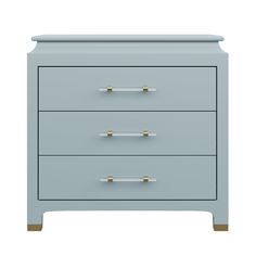 a light blue dresser with three drawers and brass pulls on the bottom, against a white background