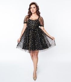 Unique Vintage Black Gold Star Mesh Babydoll Belle Dress - Unique Vintage - Womens, DRESSES, BABYDOLL Gold Star Dress, Black Babydoll Dress, Unique Vintage Dresses, Plus Size Cocktail Dresses, Vintage Black Dress, Belle Dress, Retro Clothing, Womens Vintage Dresses, Star Dress