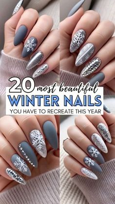 Winter Nail Designs Snowflakes, Nail Designs Snowflakes, Nails Almond Shape Winter, Simple Winter Nails Short, Nails For Hoco, Winter Nail Gel