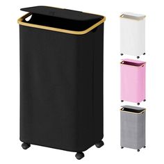 a black trash can with four different colors on the sides and one is white, pink, grey, yellow