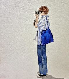 a watercolor painting of a woman holding a camera