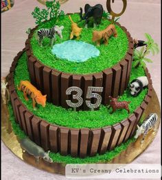 a birthday cake with animals on it and the number 35 in the middle is made out of fondant