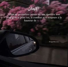 the side mirror of a car with pink flowers in the back ground and arabic writing on it