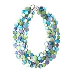 Enjoy Our Collection Of Genuine Mother Of Pearl Coin Disc Necklaces In Stunning Hues Of Luxurious Colors. Each Coin Is Polished And Glossy To Bring Out Its Lustrous Sheen. A Stunning Necklace To Collect And To Wear From Work To Play. Our Studio Can Custom Made Multi Color Earrings And Bracelets To Match. A Shimmering Beauty Of Various Hues Of Multi Blue Of Pastel And Vibrant Color Rounds Of Iridescent And Opalescent Shine Each Disc Is Hand-Knotted For Quality And Strength 5-Strands With Silver T Blue Single Strand Round Pearl Necklace, Blue Single Strand Pearl Necklace, Handmade Blue Mother Of Pearl Jewelry, Elegant Turquoise Jewelry With Mother Of Pearl, Elegant Turquoise Mother Of Pearl Jewelry, Elegant Multicolor Mother Of Pearl Necklaces, Multi Colored Pearl Necklace, Beaded Heart Necklace, Multicolor Pearl Necklace