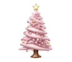 a pink christmas tree with gold ornaments on it's base and a star on top