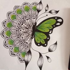 a drawing of a butterfly with green wings