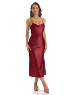 Sexy Soft Satin Spaghetti Strap Tea-Length Mermaid Bridesmaid Dresses - ChicSew Orchid Bridesmaid Dresses, Mulberry Bridesmaid Dresses, Tea Length Bridesmaid Dresses, Emerald Bridesmaid Dresses, Bridesmaid Dresses Uk, Slip Midi Dress, Mermaid Bridesmaid, Burgundy Bridesmaid, Mermaid Bridesmaid Dresses