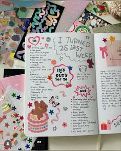 an open planner with lots of stickers on it's pages and the words, i turned 25 last week