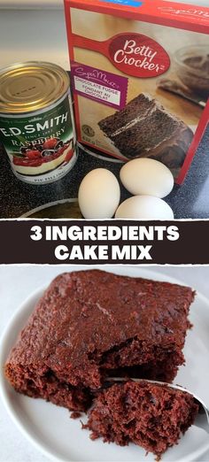 three ingredient cake mix on a white plate with chocolate cake and eggs in the background