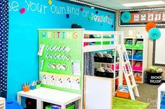 a classroom with blue walls and lots of colorful items on the shelves, including a white bunk bed